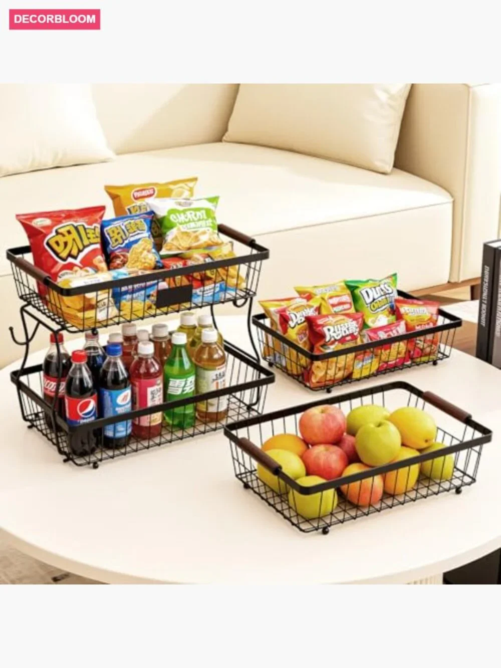 2-Tier Stackable Wire Basket with Banana Hooks, Pantry Organizer for Kitchen